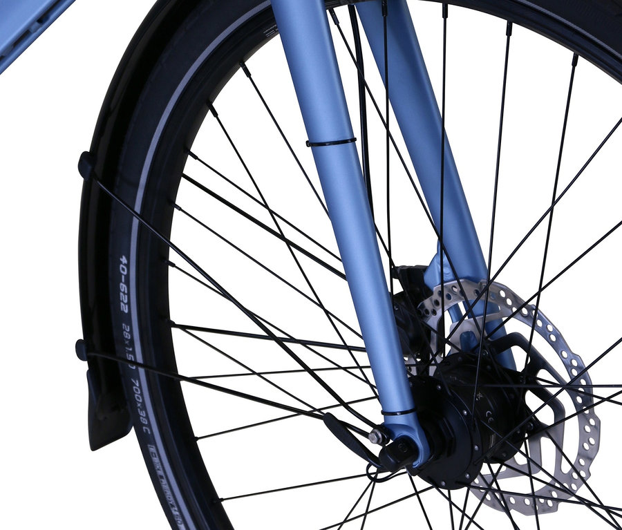 Detailansicht eines blauen HAWK Bikes Fahrrads »Trekking Lady Super Deluxe Plus« mit 28 Zoll und 48-cm-Rahmen.