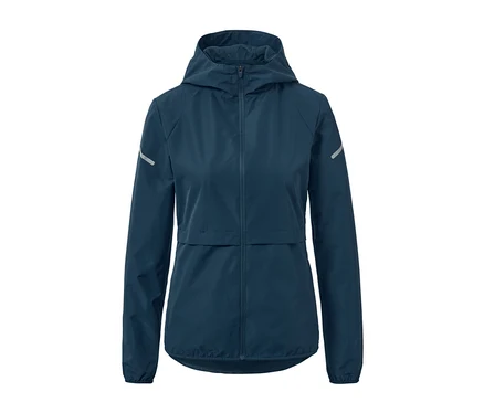 Blaue Windprotection-Laufjacke mit Reißverschluss und Kapuze.