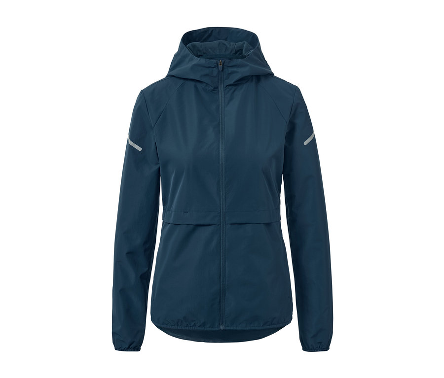 Blaue Windprotection-Laufjacke mit Reißverschluss und Kapuze.