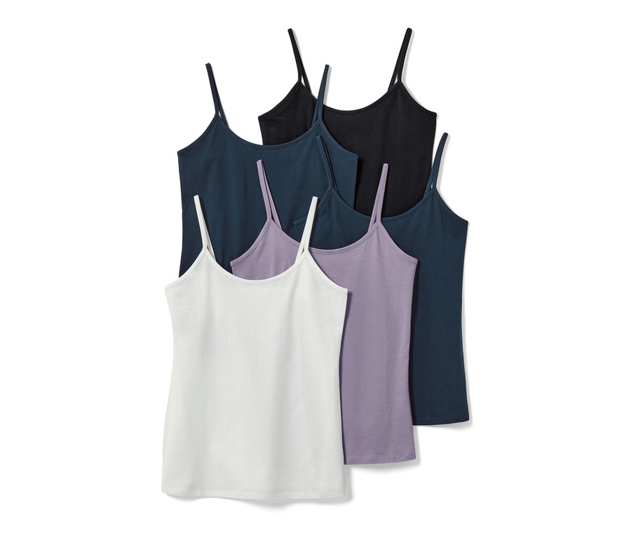 Fünf Hemdchen in Weiß, Lila, Dunkelblau und Schwarz.