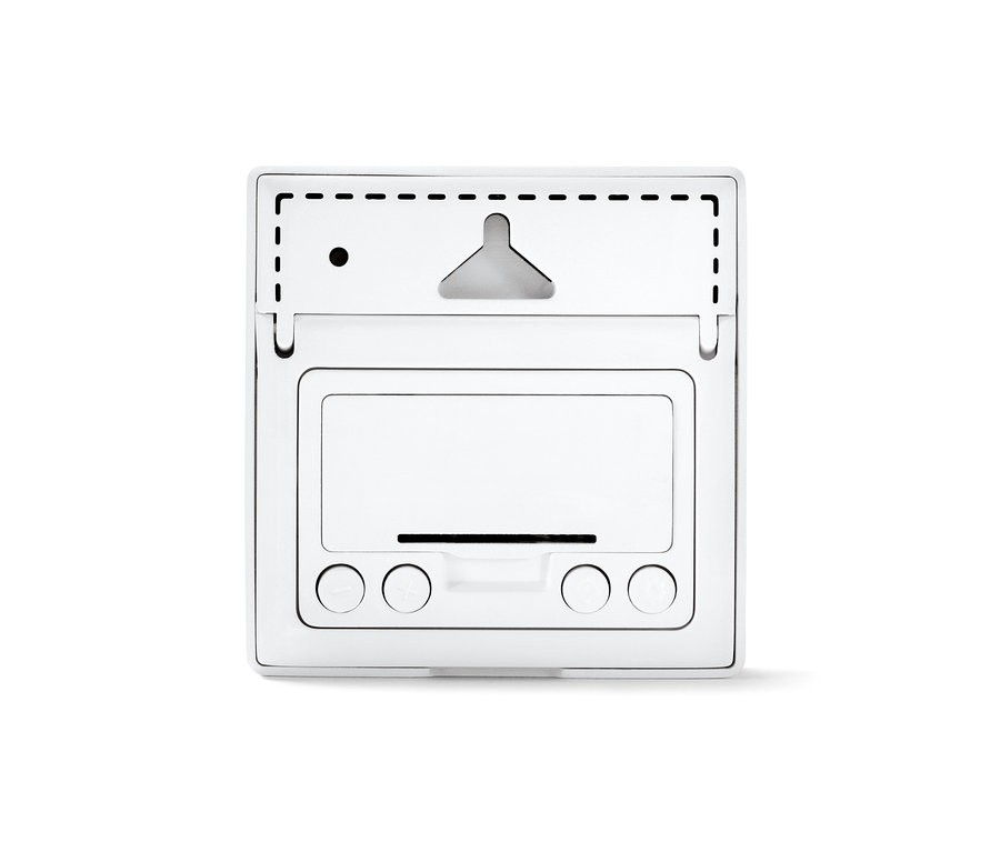 Eine weiße Wetterstation mit Display und drei runden Knöpfen.