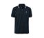 Marineblaues Piqué-Poloshirt mit weißen Streifen an Kragen und Ärmeln.