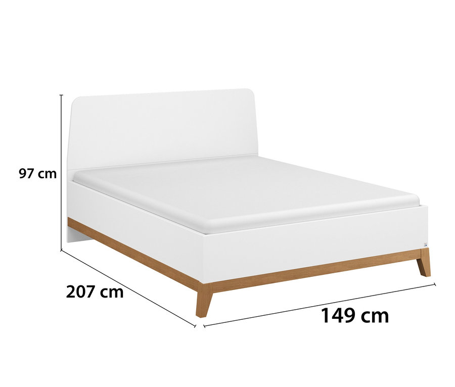 Weißes Bett »Carlsson«, ca. 140 x 200 cm mit Holzfüßen.