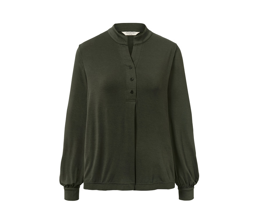 Ein olivgrünes Blusenshirt mit langen Ärmeln und Knöpfen.