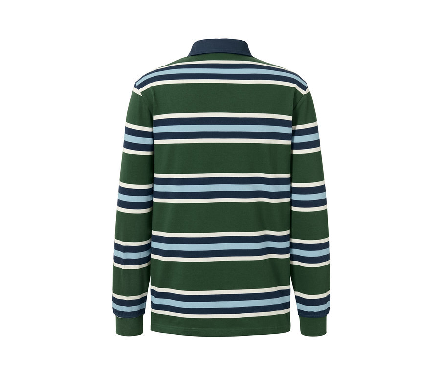 Rückansicht eines Langarm-Poloshirts mit horizontalen Streifen in Grün, Blau und Weiss.