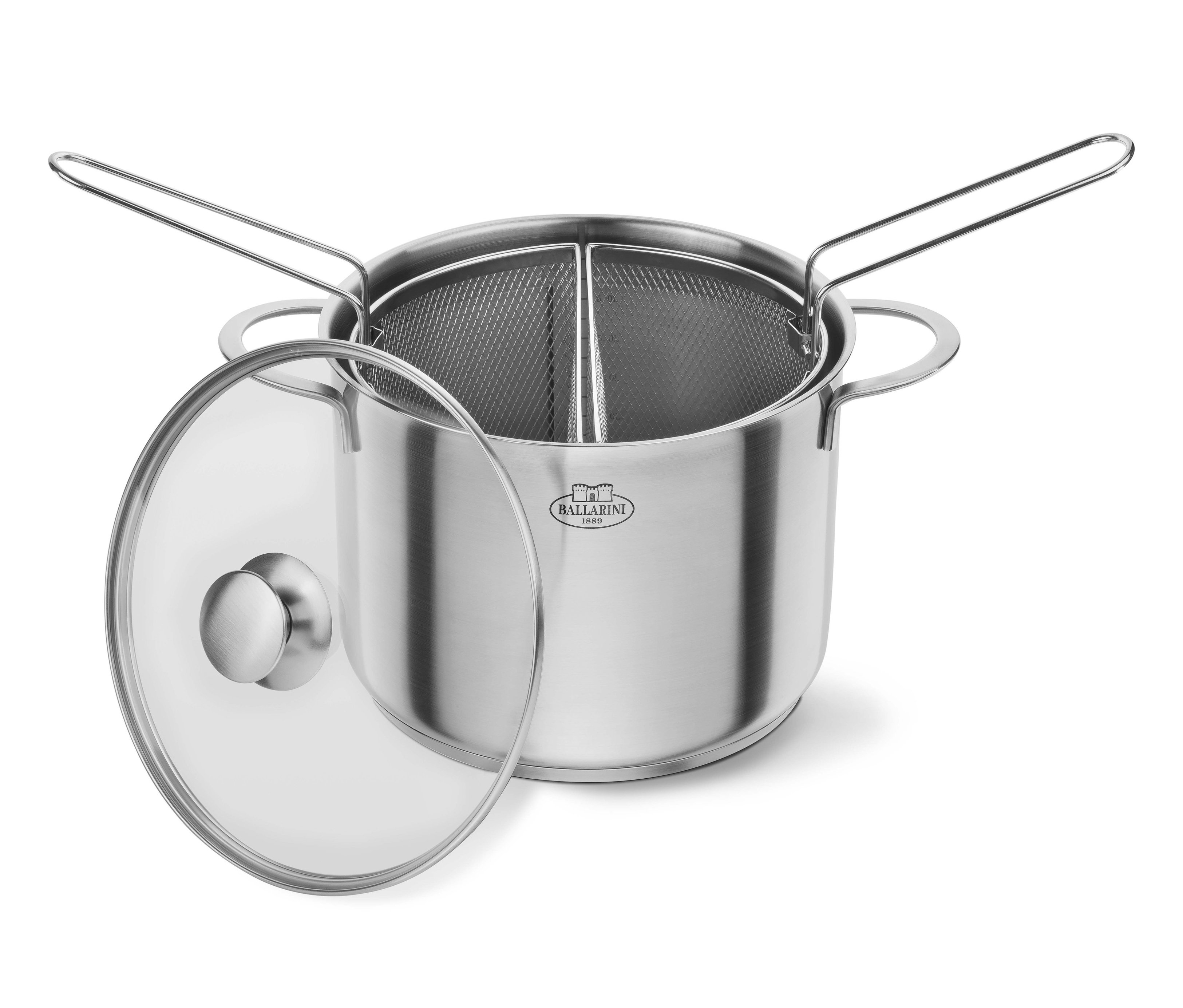 Ein silberner BALLARINI Spargel- und Nudeltopf mit Siebeinsatz steht mit einem Glasdeckel daneben.