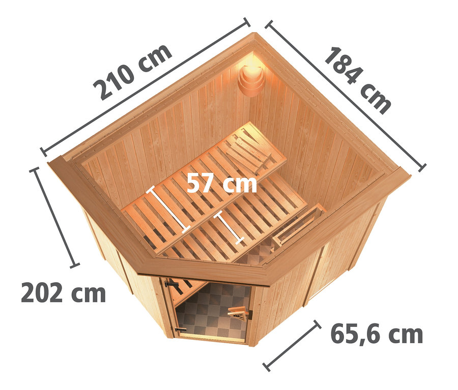 Draufsicht auf Karibu Energiesparsauna "Teco" mit Abmessungen.