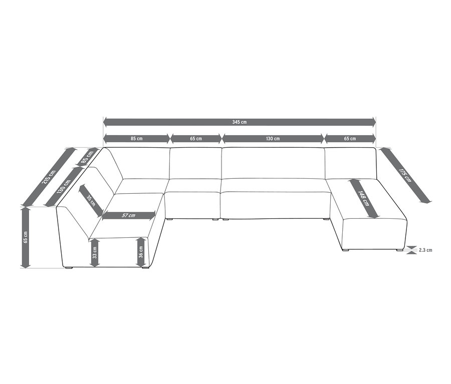 Abmessungen der modularen Premium-Lounge-Ecke mit Sunbrella®-Stoff.