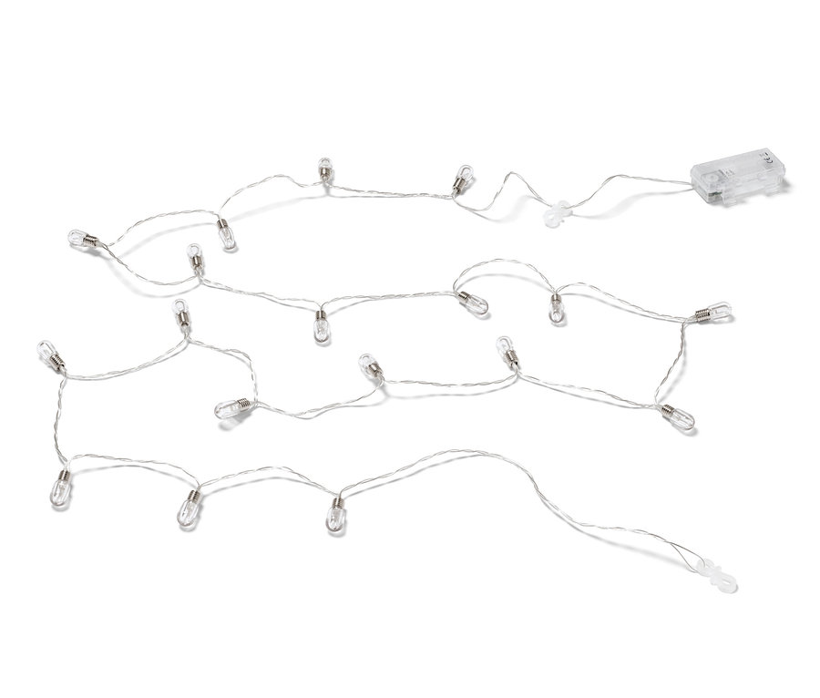 LED-Lichterkette mit Mini-Glühbirnen auf weißem Hintergrund.