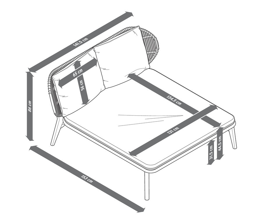 Abbildung eines Daybeds mit Kopfteil mit Textilgeflecht und Bemaßungen.