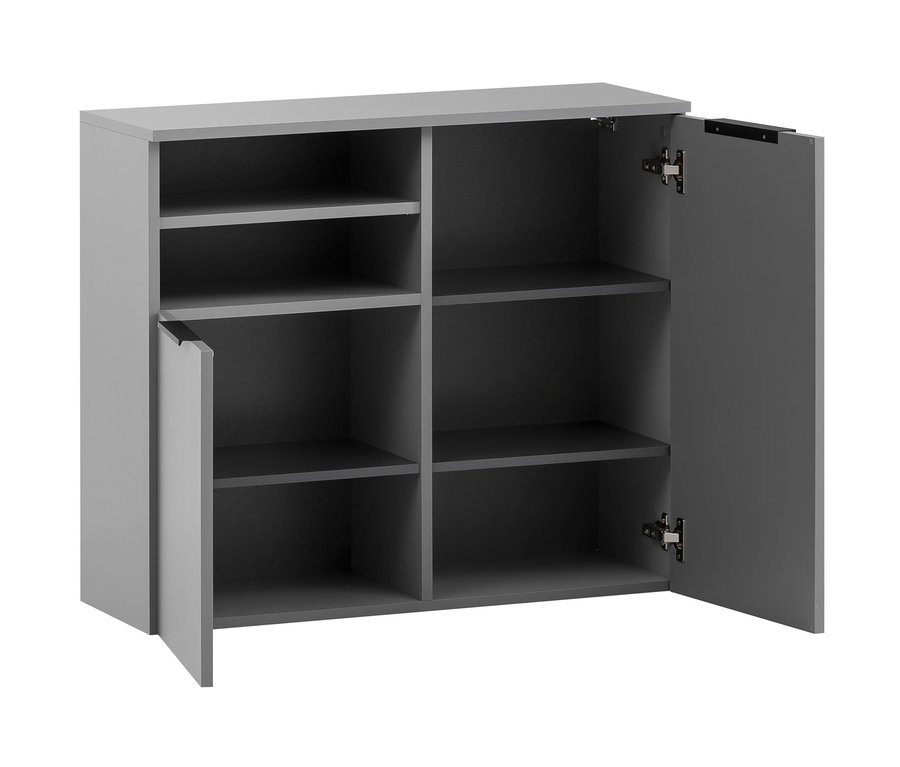 Grauer Unterschrank »Alessio« mit offenen Türen und Regalen.