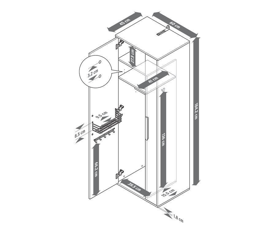 Abbildung eines universalen Aufbewahrungsschranks mit 2 Türen und den dazugehörigen Maßen.
