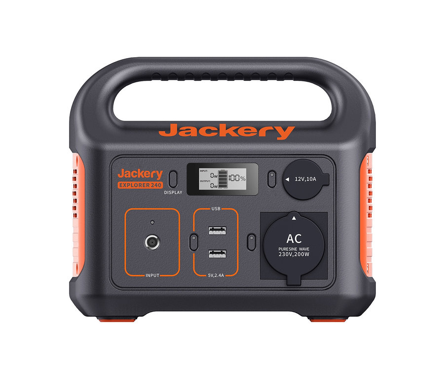 Ein schwarz-graues Jackery Explorer 240 Ladegerät mit orangefarbenen Akzenten.
