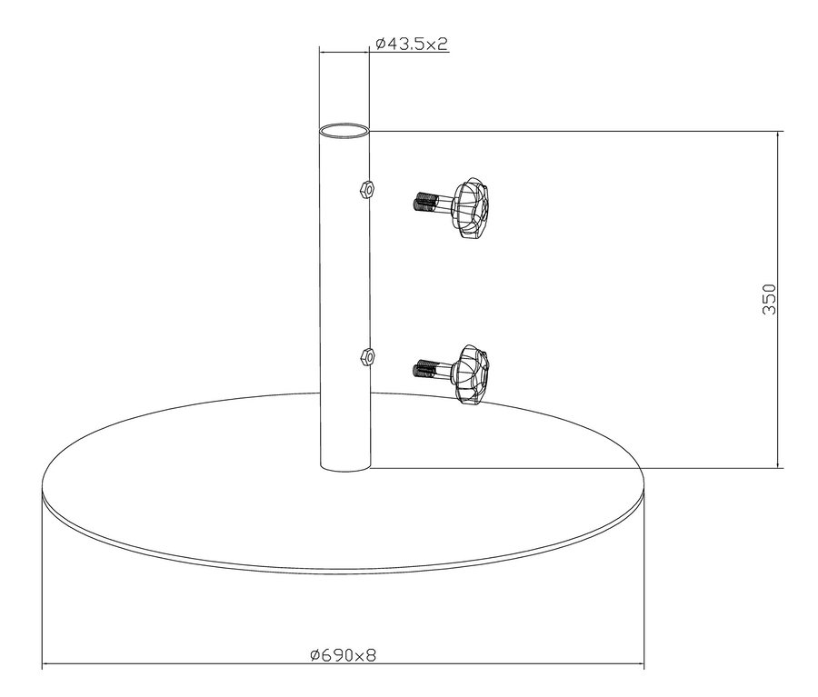 Schema eines Leco Sonnenschirmständers, flach, Ø ca. 60 cm, ohne Rollen.