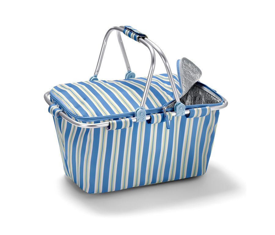 Ein gestreifter Kühlkorb mit Aluminiumgriff und teilweise geöffnetem Deckel.