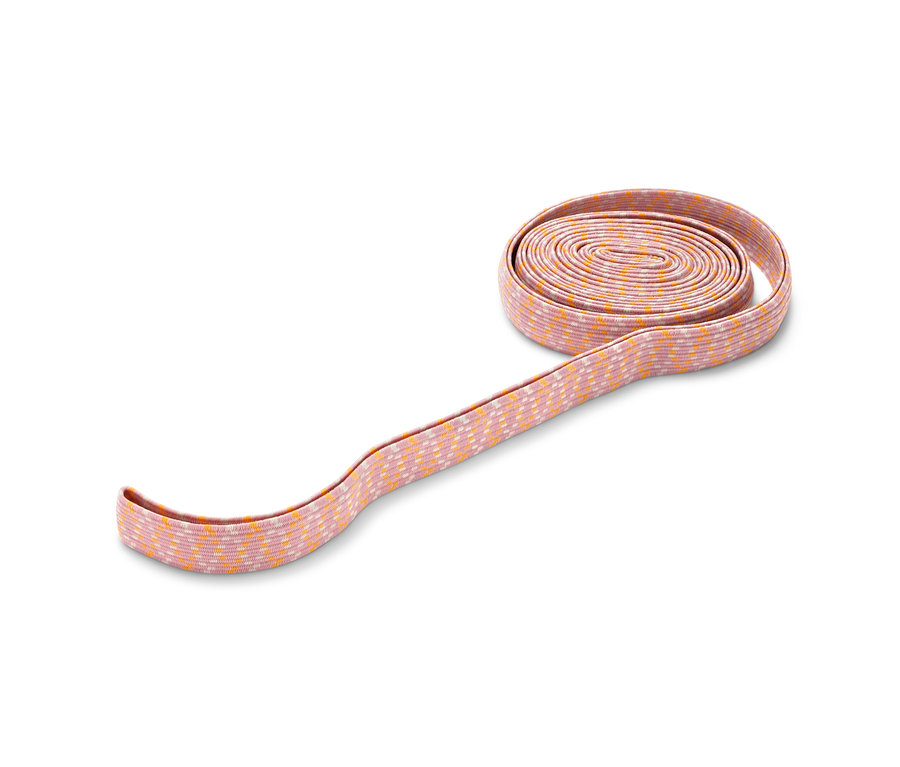 Ein zusammengerollter Gummitwist in Rosa und Orange.