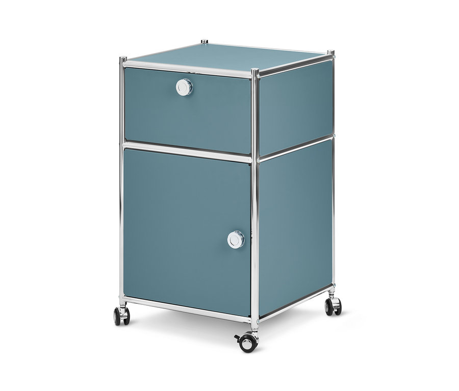 Basaltblauer Rollcontainer »CN3« mit Schublade und Tür.
