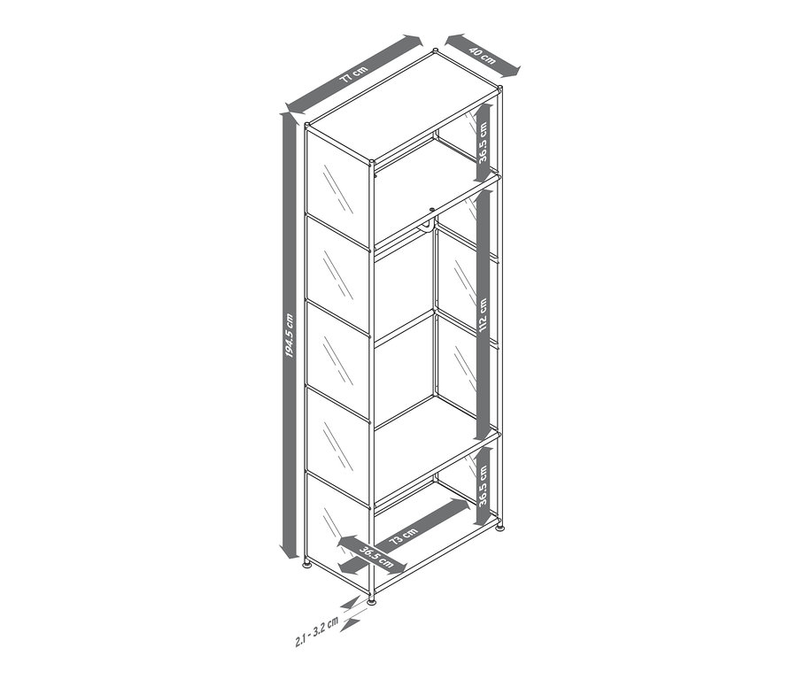 Zeichnung einer Garderobe Metall »CN3« mit Kleiderstange und Maßangaben.