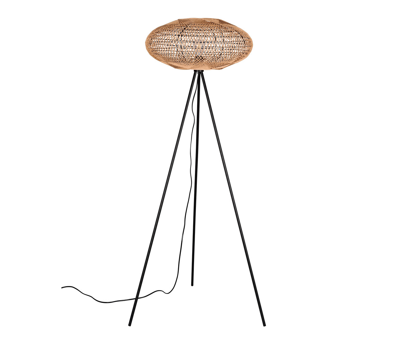 Trio Stehleuchte »Hedda« mit braunem Rattanschirm auf schwarzem Dreibeinstativ.