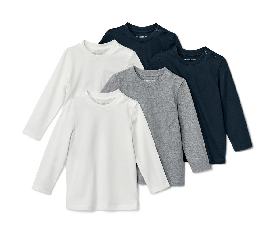 Fünf Kinder-Langarmshirts in Weiß, Grau und Dunkelblau.