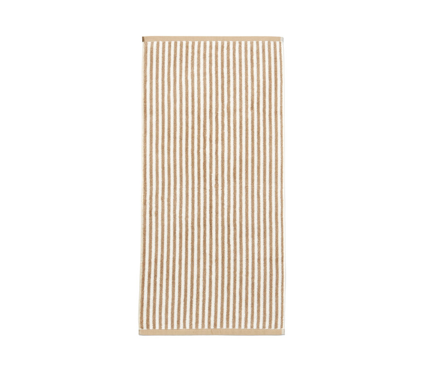 Detailansicht von zwei Premium-Handtüchern in Naturweiß und Beige mit vertikalen Streifen.