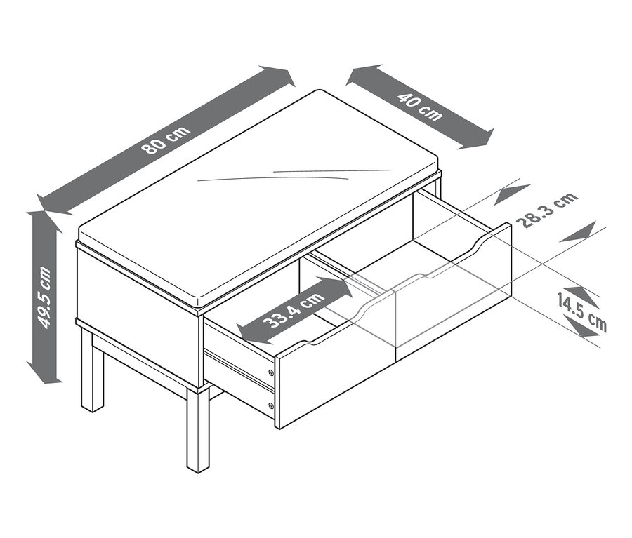 Eine schematische Darstellung einer Sitzbank mit Schubladen und Bemaßungen.