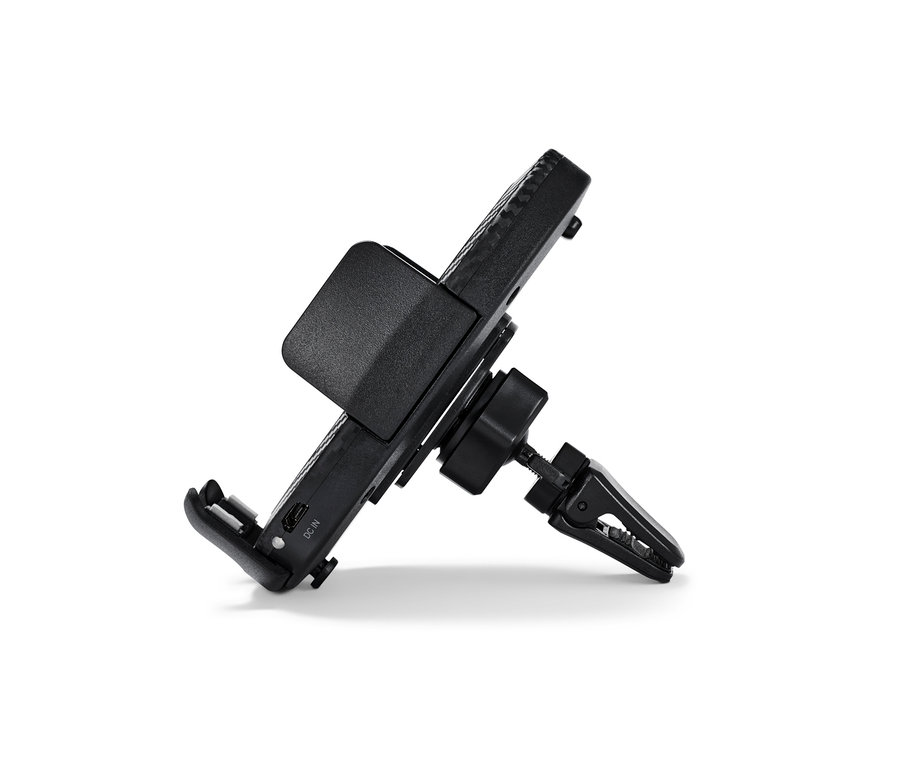 Schwarze Smartphone-Halterung mit Ladefunktion.