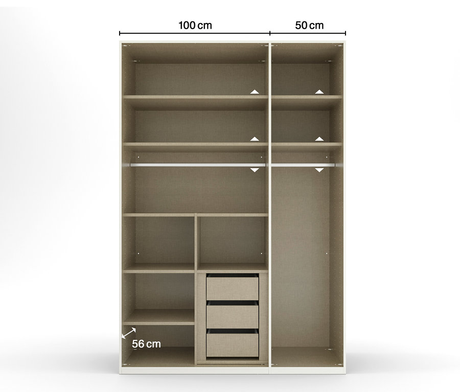 Geöffneter Drehtürenschrank »Skat Glamour«, 3-türig, mit Regalen und Schubladen.