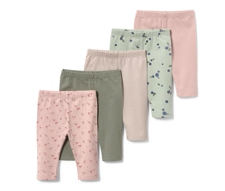 Fünf Kinder-3/4-Leggings, Blaubeere in den Farben: Rosa, Hellgrün mit Blaubeer-Print, Beige, Olivgrün und Rosa mit Blumen-Print.
