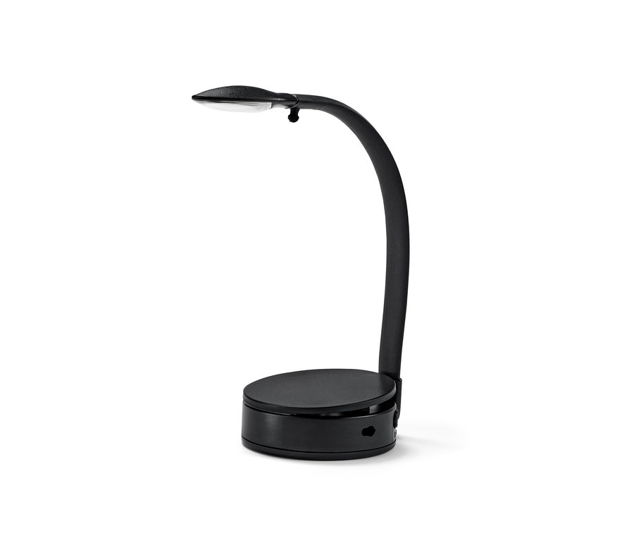Schwarze LED-Leseleuchte mit gebogenem Arm und rundem Sockel.