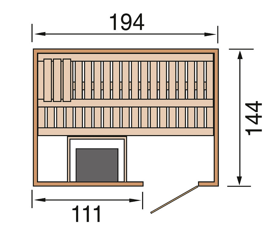 Draufsicht der Weka Elementsauna, Halmstad mit Bemaßung.