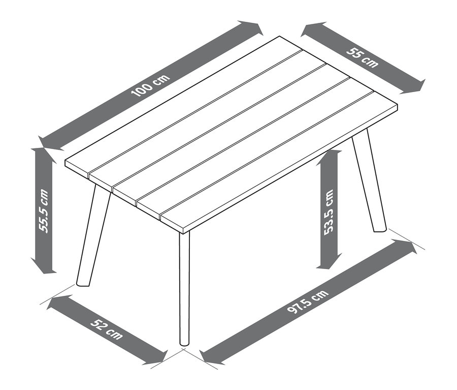 Zeichnung eines Lounge-Dining-Sets mit Abmessungen.