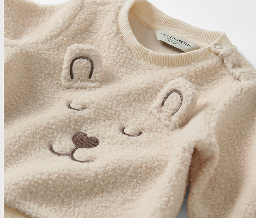 Detailansicht eines Kinder-Teddy-Sweaters mit einem Bärengesicht.