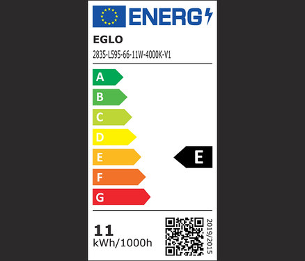 Ein Energieetikett mit Energieeffizienzklassen von A bis G, wobei das Produkt in Klasse E eingestuft ist.