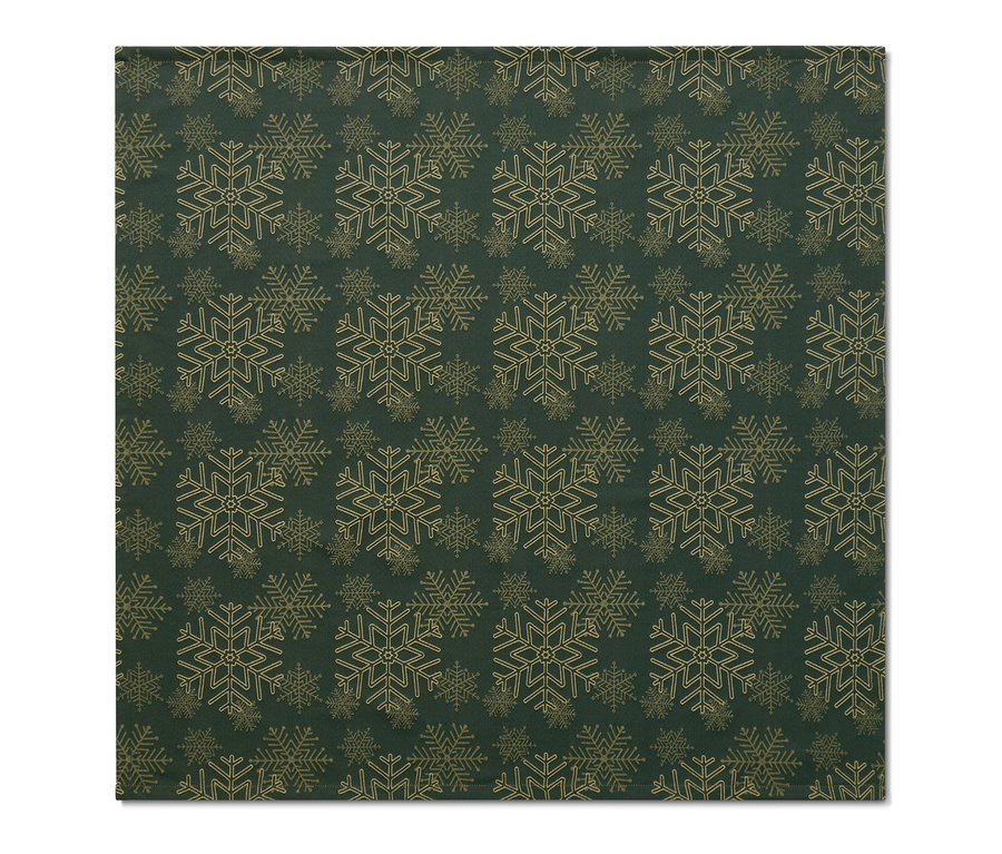 Grüne Jacquard-Tischdecke mit goldenen Schneeflocken.