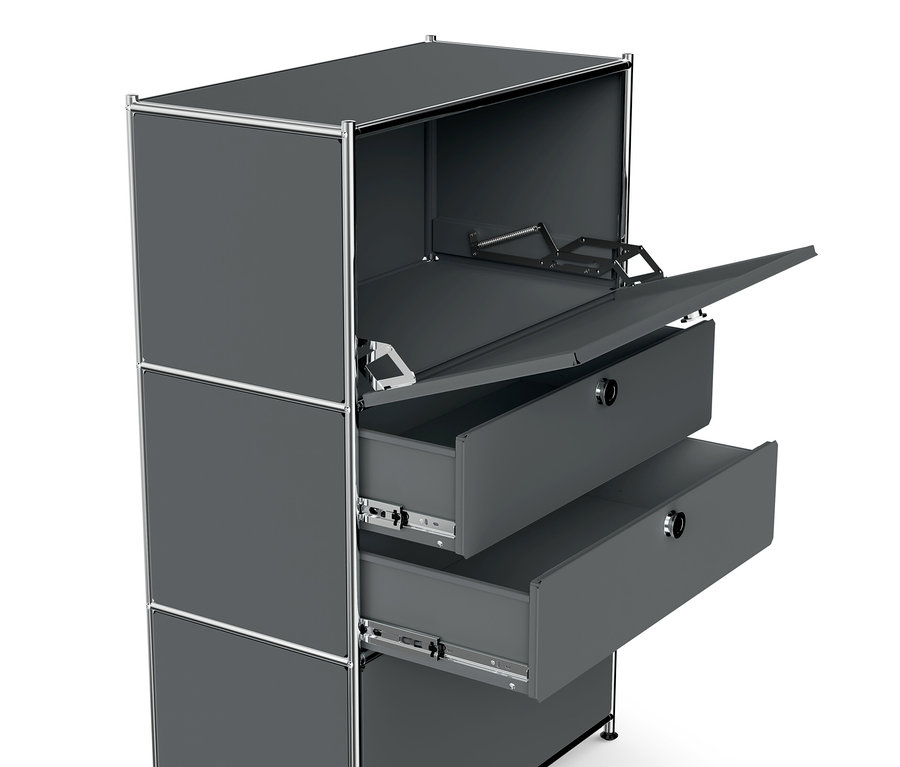 Graue Kommode Metall »CN3« mit 2 Klappenfächern und 2 Schubladen.