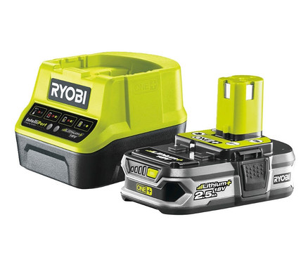 Ein gelbes Ryobi One+ Ladegerät und ein Akku.