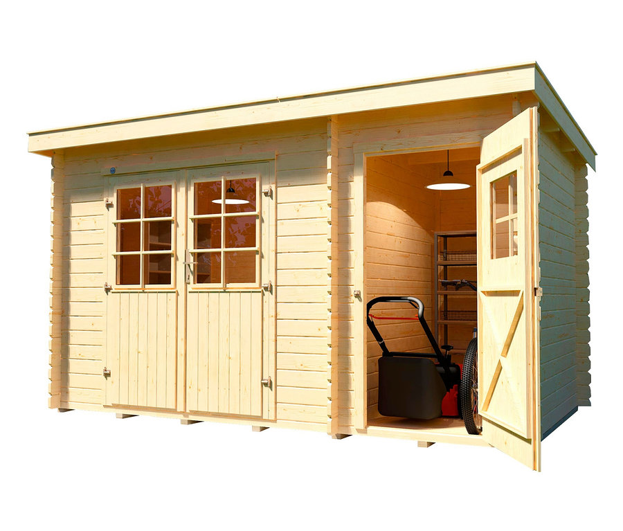 Offenes Weka Gartenhaus mit separatem Raum, 28 mm (Gr. 1) und Rasenmäher drinnen.
