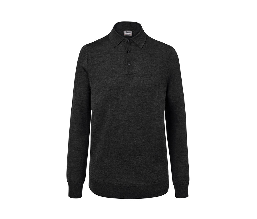 Anthrazitfarbener Merino-Pullover mit Polokragen.