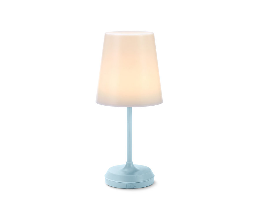 Leuchtende hellblaue LED-Akku-Leuchte auf weißem Hintergrund.