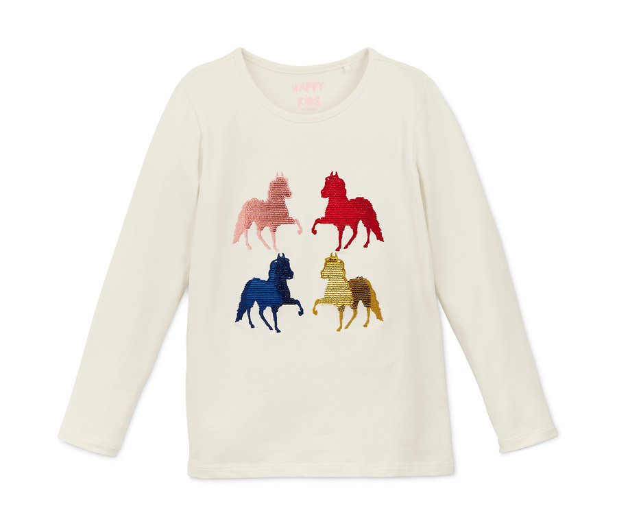 Weißes Langarmshirt mit Pferde-Motiv.