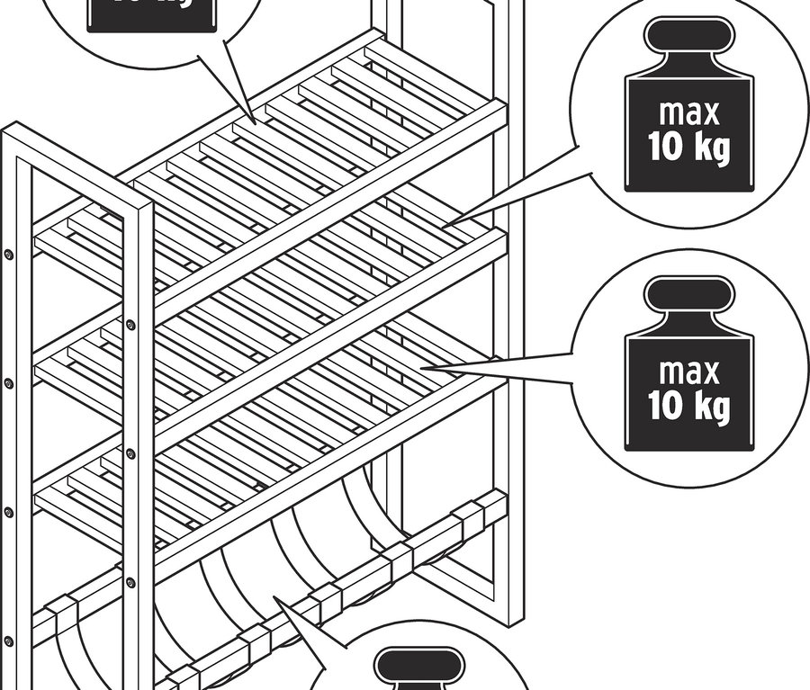 Illustration eines schmalen Standregals mit Gewichtsbeschränkungen auf jedem Regalboden.