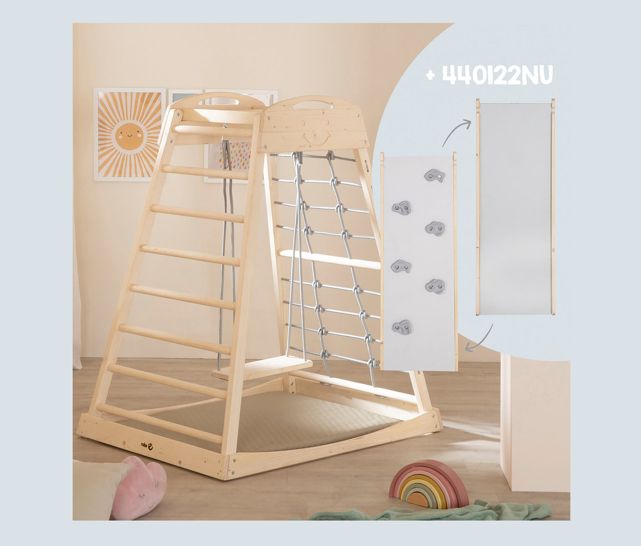 roba Indoor-Spielturm mit Leiter, Netz und Kletterwand.