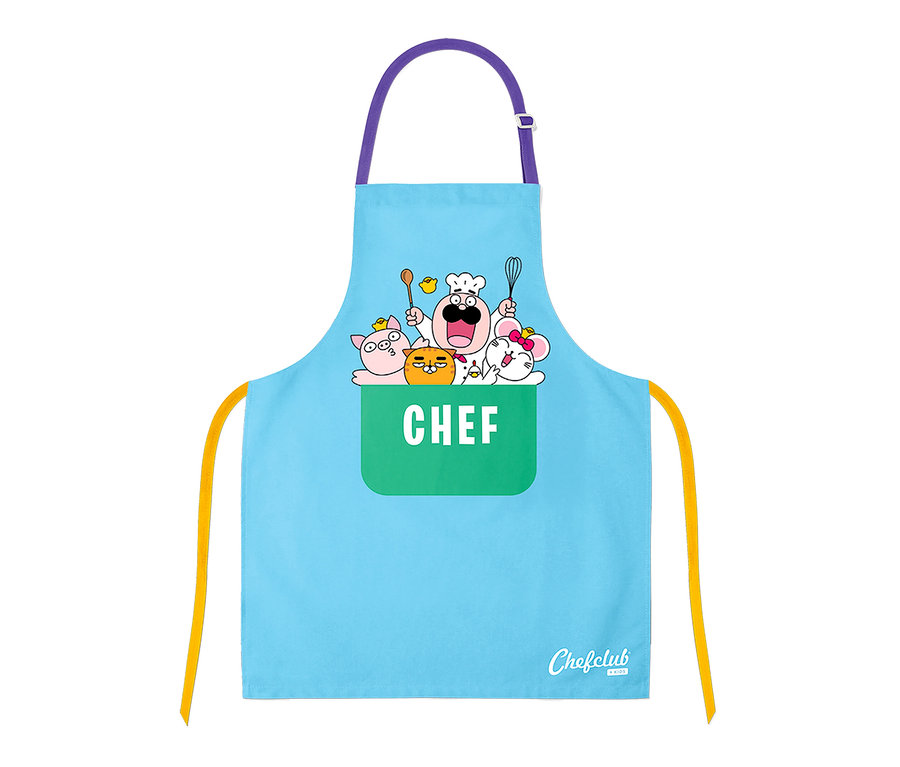 Hellblaue Kochschürze mit Cartoon-Kochfiguren und dem Wort "Chef"; Chefclub Keks-Back-Set.