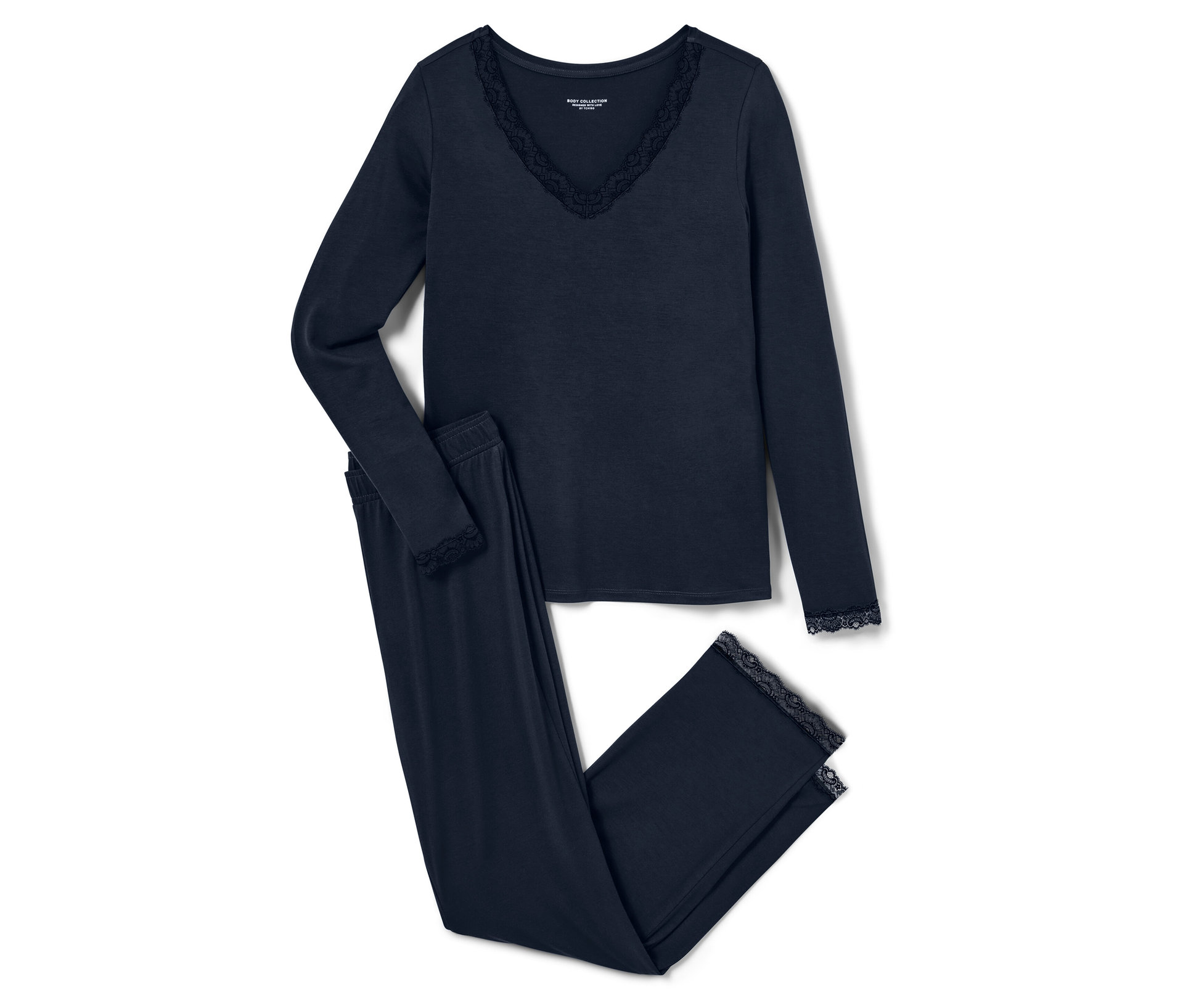 Pyjama-Set mit Spitzenbesatz - Damen - Gr. M - dunkelblau - dunkelblau