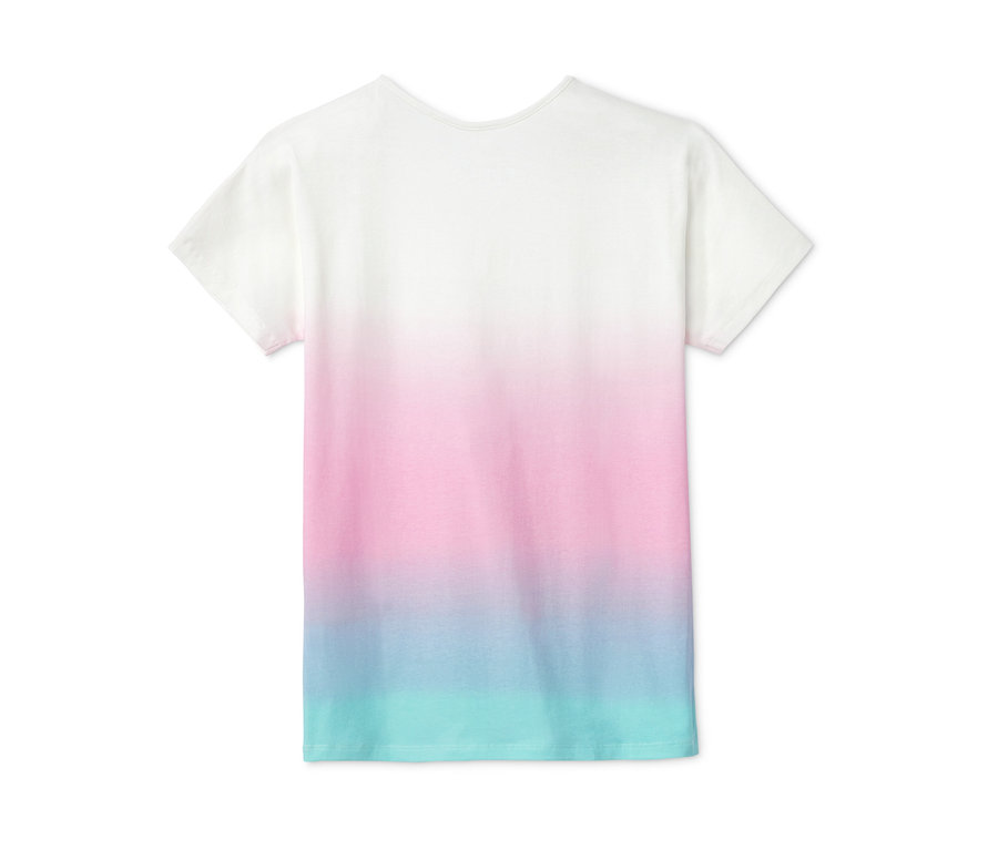 Weißes T-Shirt mit pinkem und türkisem Farbverlauf.
