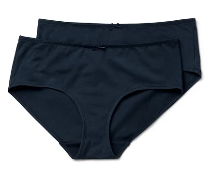 Zwei dunkelblaue Damen-Slips mit Schleife am Bund liegen auf einem weißen Hintergrund.