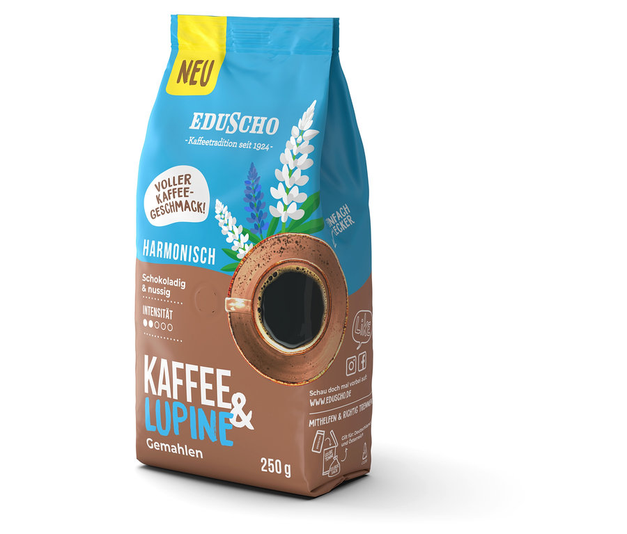 Eine Packung Eduscho Harmonisch Kaffee & Lupine gemahlen mit einer Abbildung einer Tasse Kaffee.