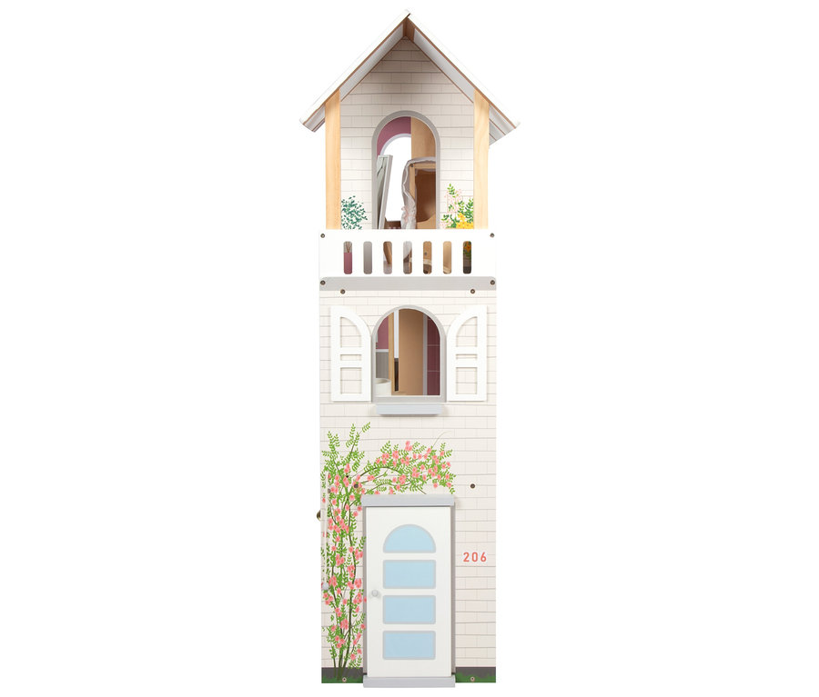 Das Foto zeigt das small foot Puppenhaus »Traumvilla XL« von vorne. Das dreistöckige, weiße Puppenhaus hat einen Balkon und ist mit Blumenranken verziert.