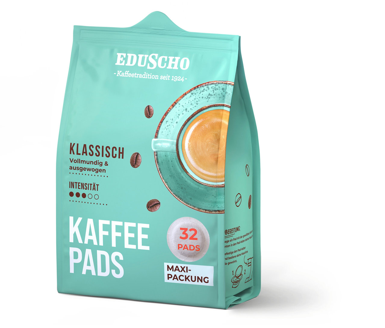 Eine Packung Eduscho Kaffeepads Klassisch mit einer Abbildung einer Tasse Kaffee.
